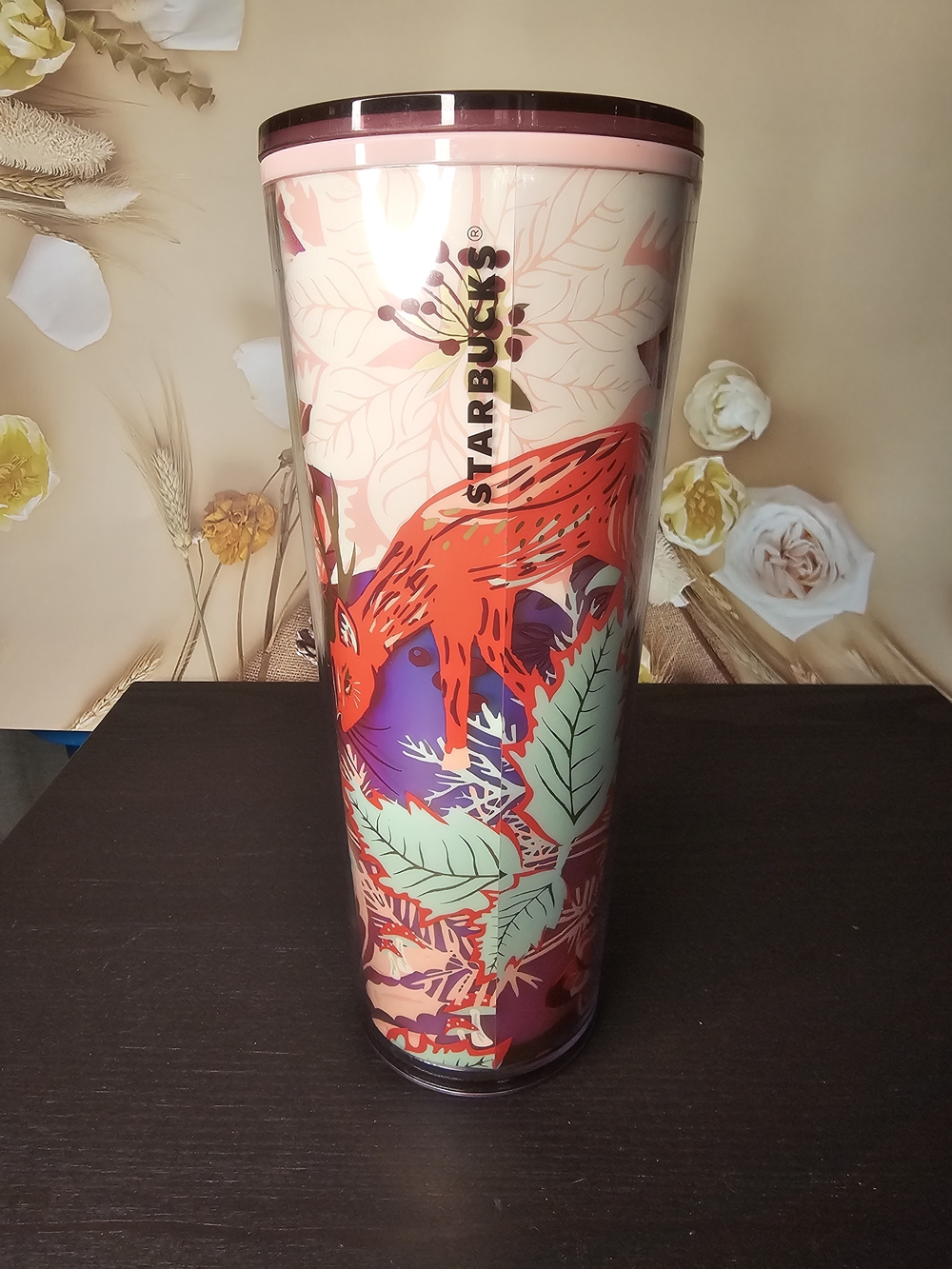 Starbucks Red Fox Floral Travel Tumbler with Pink and Green Accents